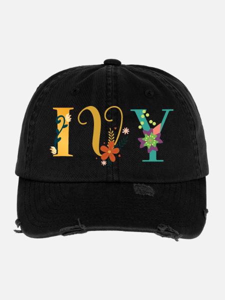 EVY Namenskunst mit gestickten Blumen - Flexfit Vintage Destroyed Cap - Schwarz - Vorne