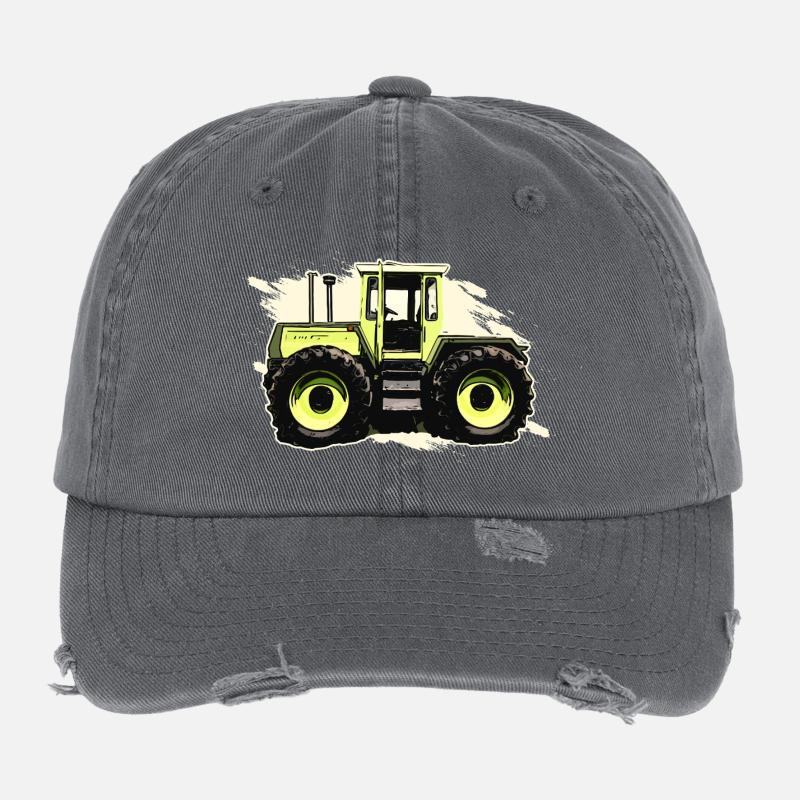 Green Tractor in Comic Style Flexfit Vintage Destroyed Cap