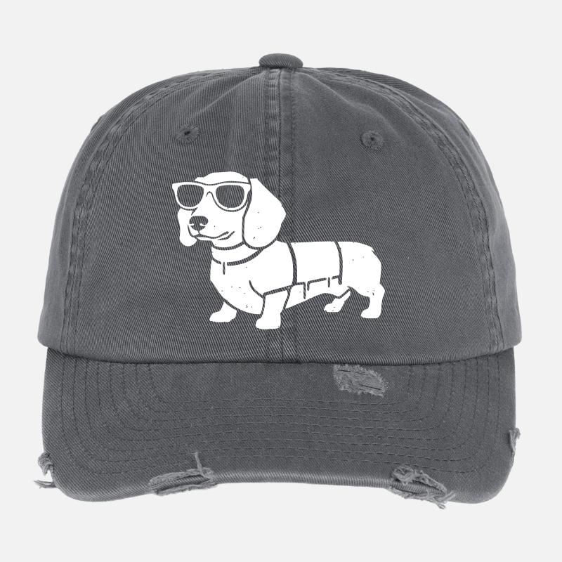 Dachshund Dog Sunglasses Walking Vector Flexfit Vintage Destroyed Cap