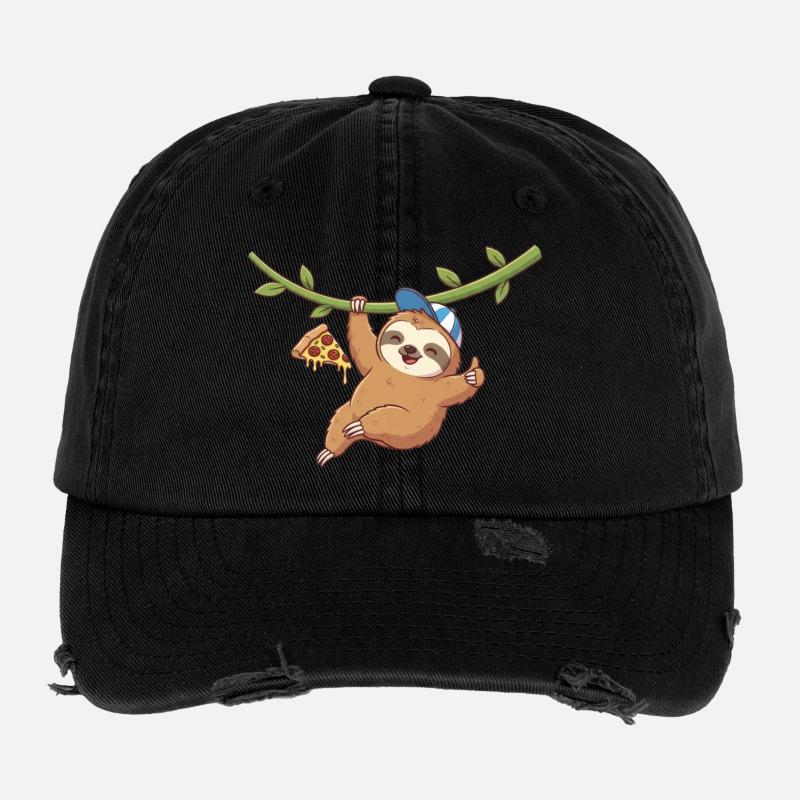 Cute sloth with pizza and cap - Flexfit Vintage Destroyed Cap - black