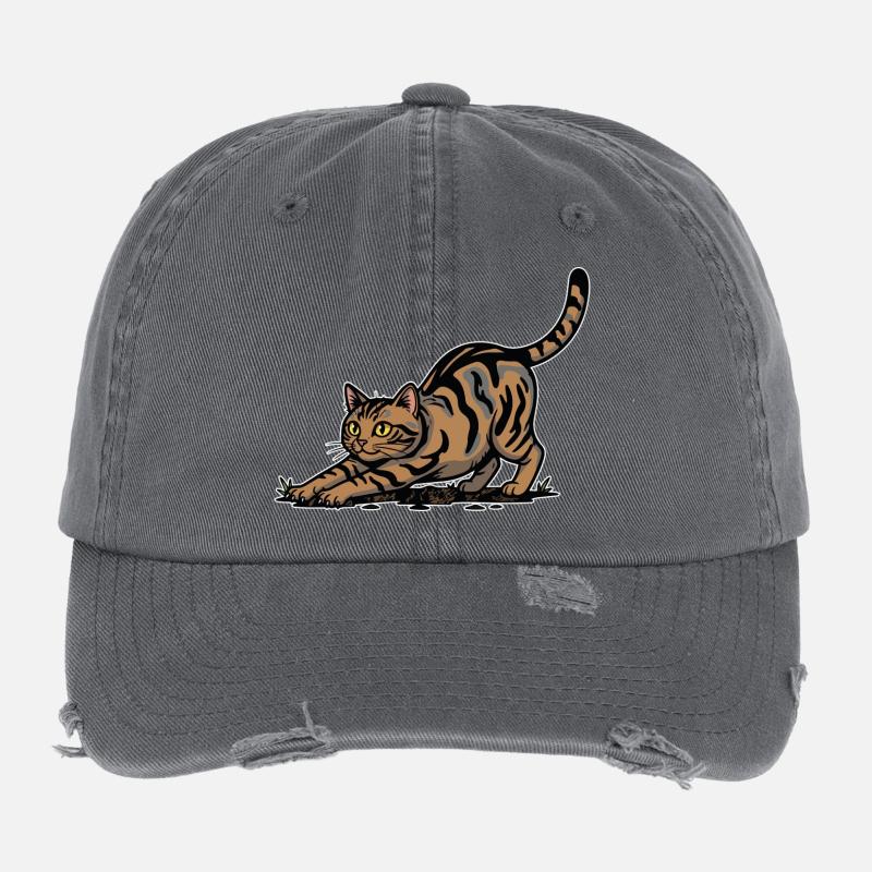 Brown Tabby Cat Stretching Dynamic Portrait Flexfit Vintage Destroyed Cap