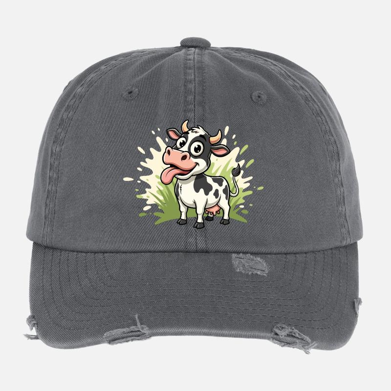 Kuh Cartoon auf Gras Flexfit Vintage Destroyed Cap