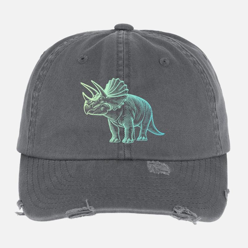 Triceratops Dinosaur Drawing Gradient Blue Green Flexfit Vintage Destroyed Cap