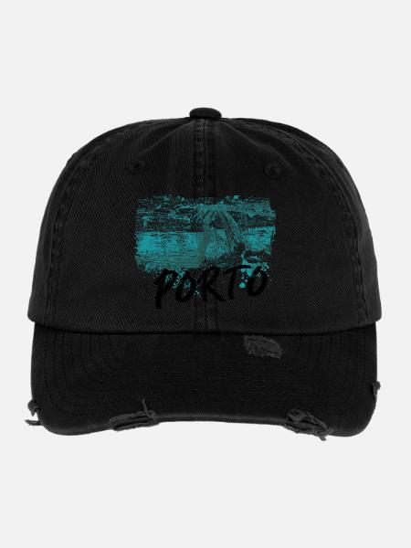 Pont D. Luis Porto, illustration en bleu, Douro - Casquette vintage effet usé Flexfit - noir - Devant