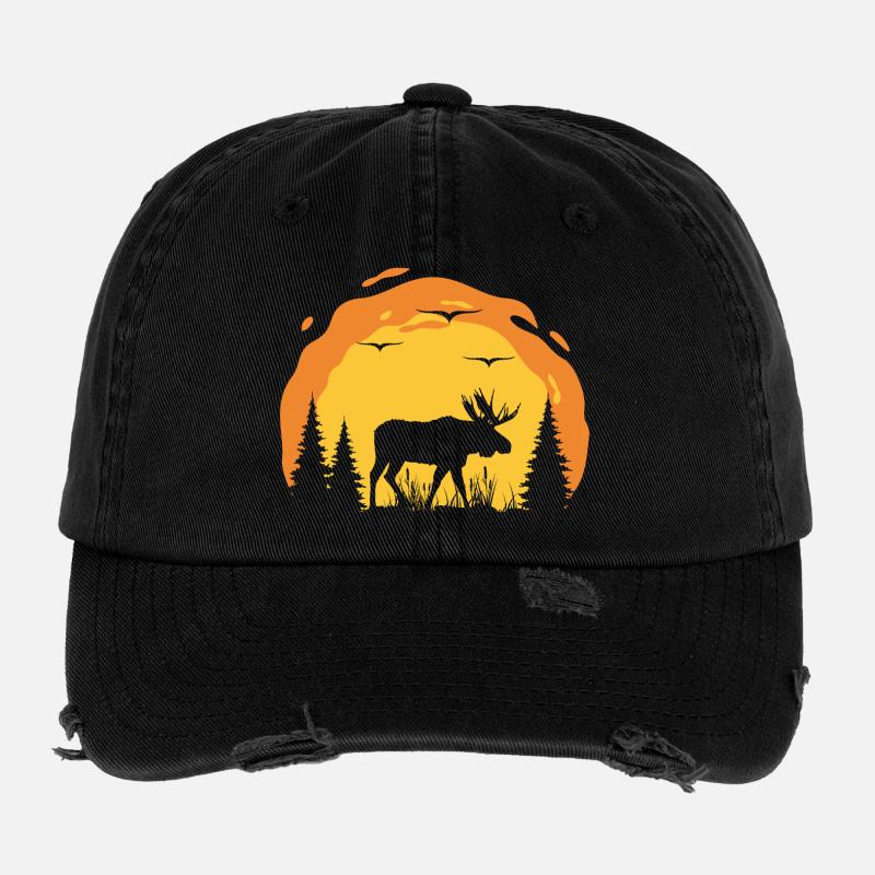 Moose silhouette in sunset forest Flexfit Vintage Destroyed Cap