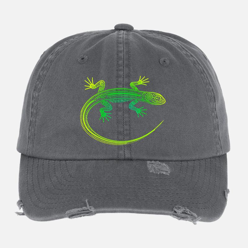 Lizard Aboriginal motifs, tribal gradient green yellow Flexfit Vintage Destroyed Cap