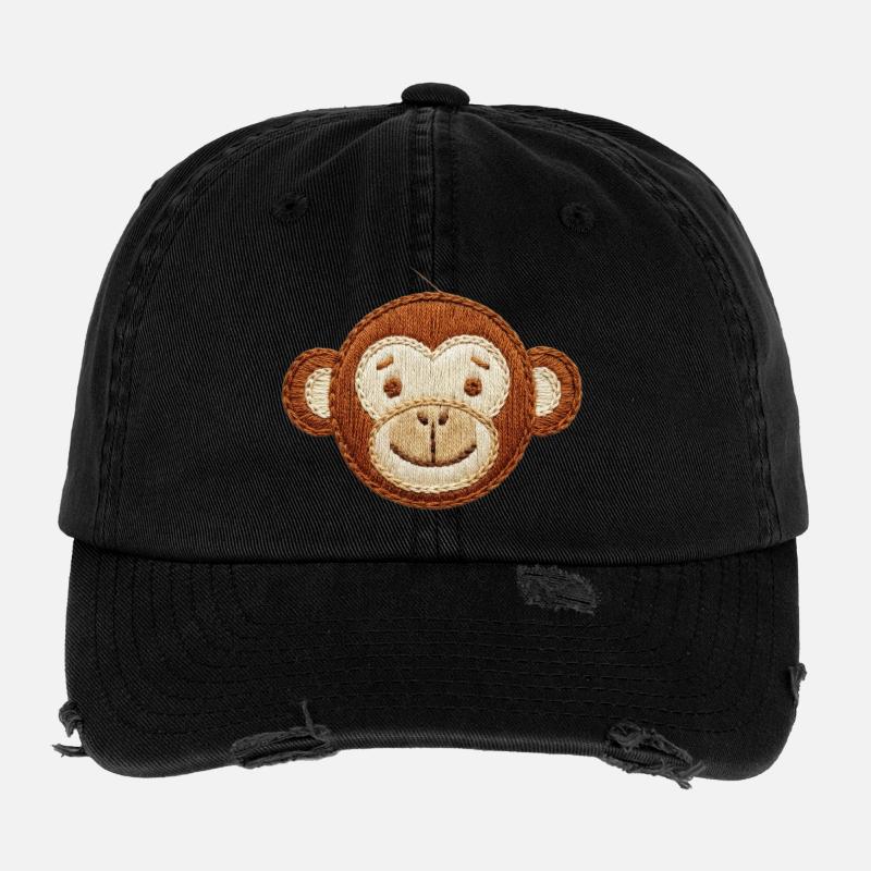 Embroidered cute monkey head playful animal(printed) Flexfit Vintage Destroyed Cap