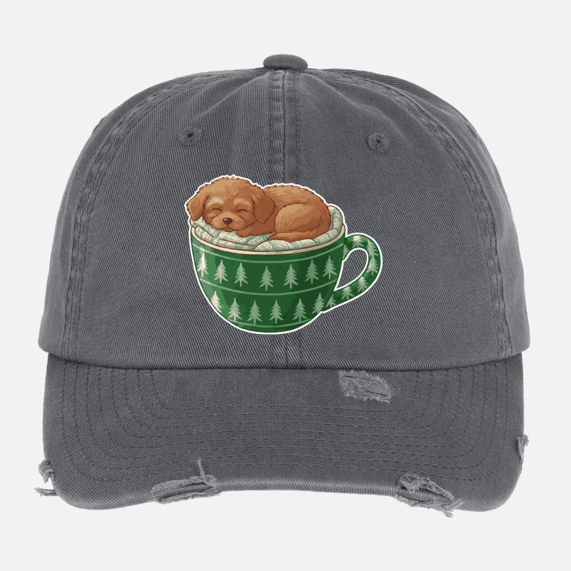 Sleeping puppy in green cup Flexfit Vintage Destroyed Cap