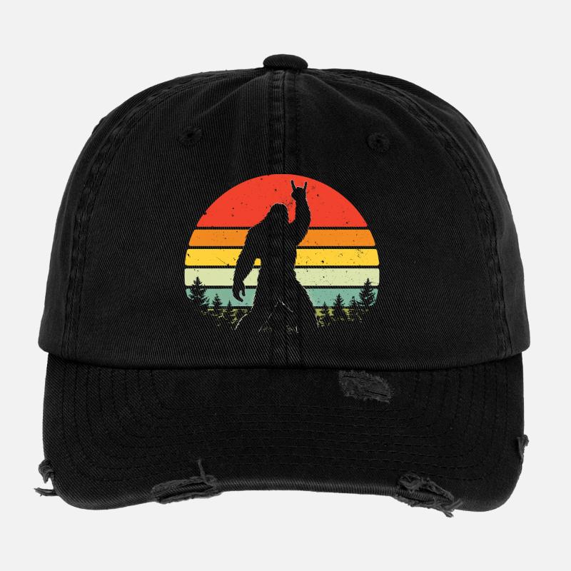 Bigfoot Rock on Shield Sasquatch Yeti Rock & Roll Flexfit Vintage Destroyed Cap