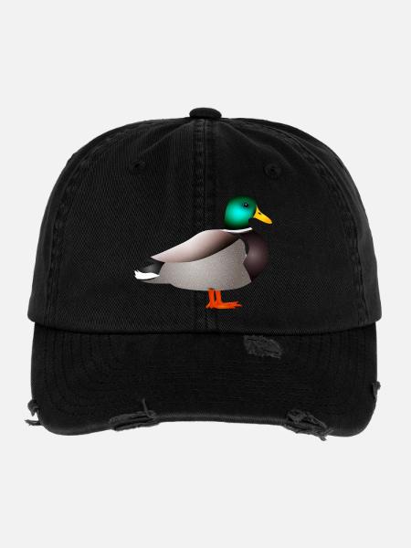 handgezeichnete männliche Ente Erpel oder Enterich - Flexfit Vintage Destroyed Cap - Schwarz - Vorne