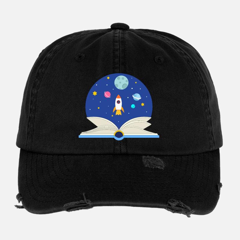 Livre ouvert avec scène spatiale, imagination et Avent Casquette vintage effet usé Flexfit