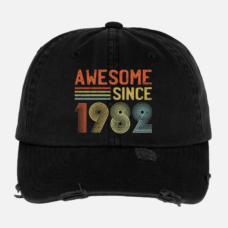 Retro 1982 Celebratory Typography Flexfit Vintage Destroyed Cap