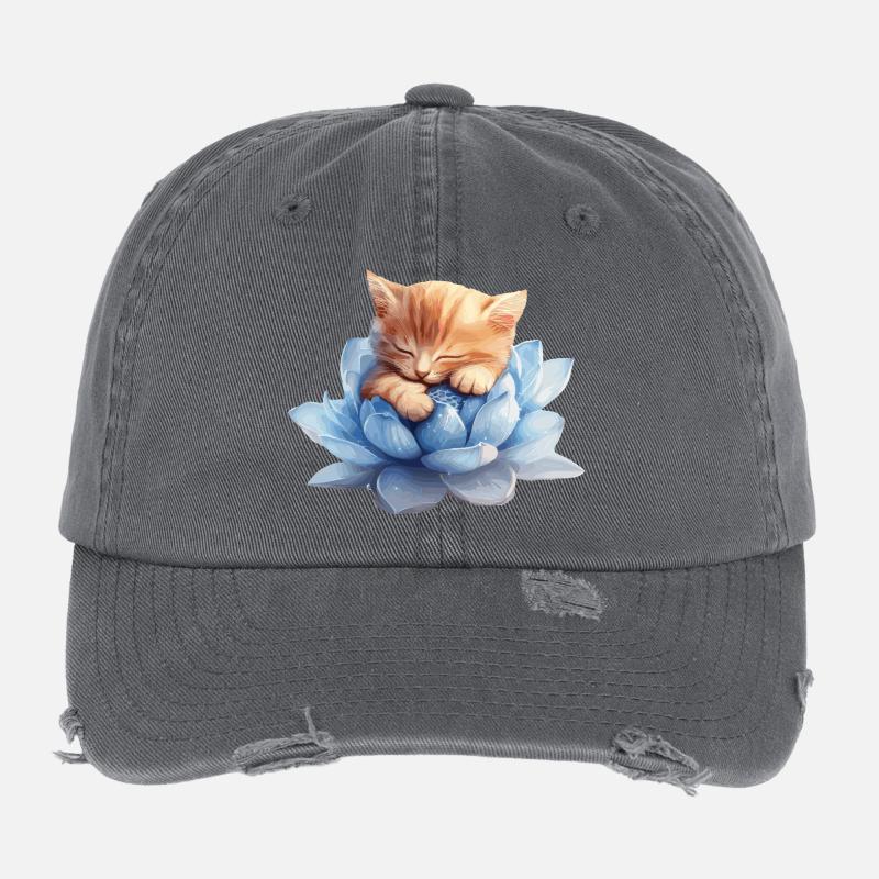 Kitten resting on blue succulents Flexfit Vintage Destroyed Cap