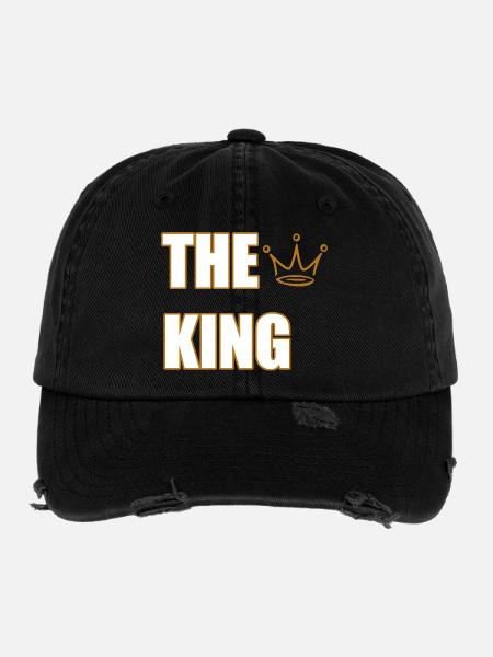 THE KING – Bold Royal Statement Design - Flexfit Vintage Destroyed Cap - Schwarz - Vorne