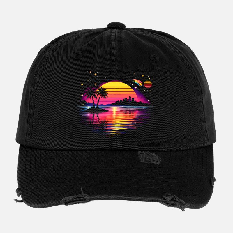 Retro Sonnenuntergang 80er Illustration  Flexfit Vintage Destroyed Cap