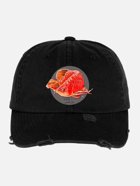 Illustration du poisson Arowana dans un cercle gris - Casquette vintage effet usé Flexfit - noir - Devant