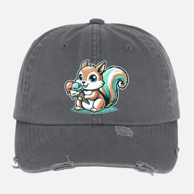 Écureuil de dessin animé mignon avec de la crème glacée Casquette vintage effet usé Flexfit