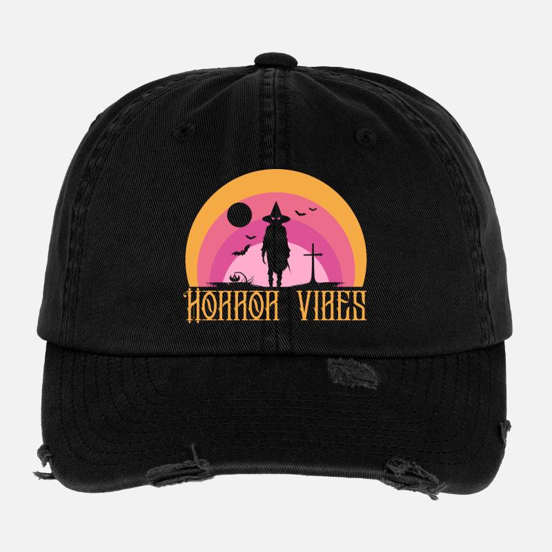 Ambiance d’horreur Sorcière Silhouette Coucher de soleil Casquette vintage effet usé Flexfit