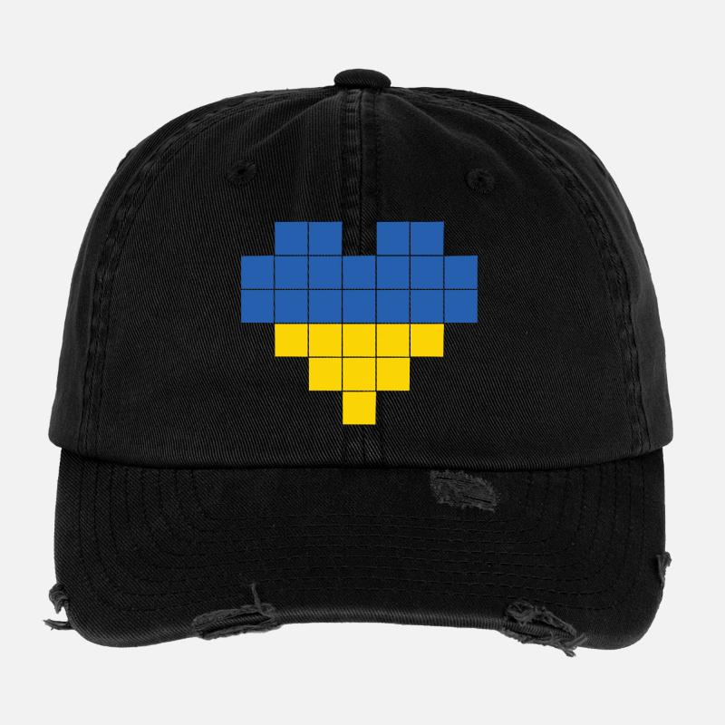 Pixel Heart Ukraine Flag Flexfit Vintage Destroyed Cap