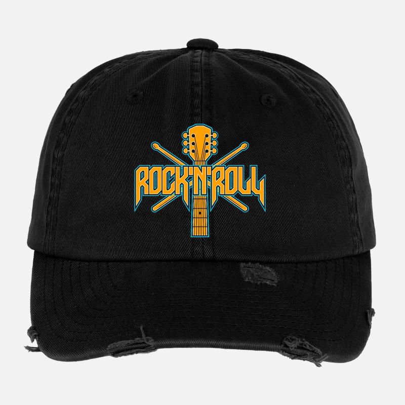 Rocknroll-Gitarre und Drumsticks-Emblem Flexfit Vintage Destroyed Cap