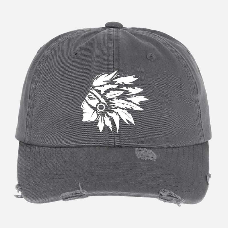 Indian Chief Head Illustration Graphic Art Flexfit Vintage Destroyed Cap