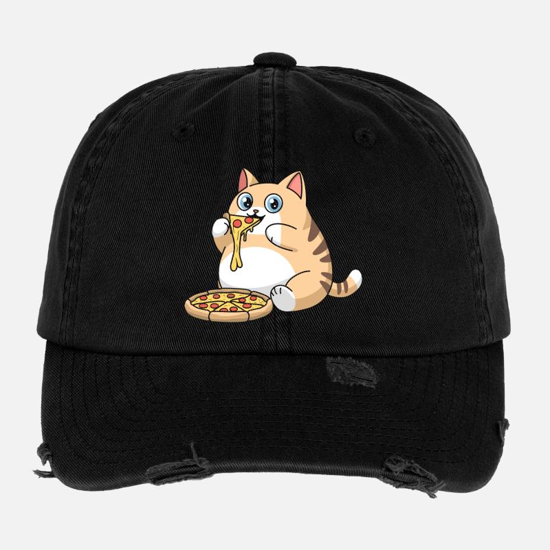 Cute Chubby Cat Eating Pizza Flexfit Vintage Destroyed Cap