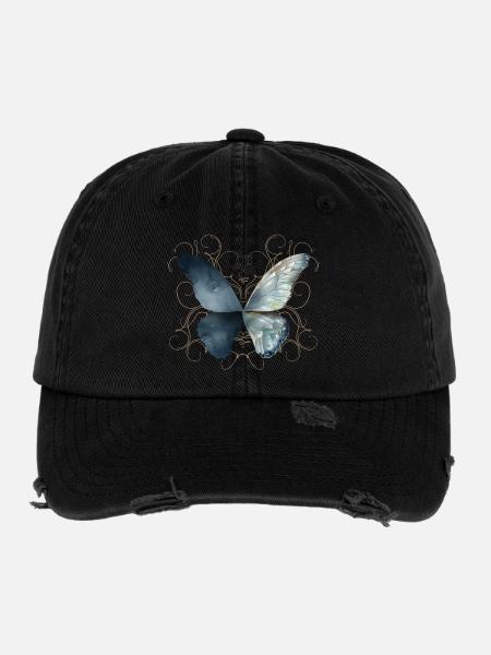 Butterfly wings in bluish watercolors - Flexfit Vintage Destroyed Cap - black - Front