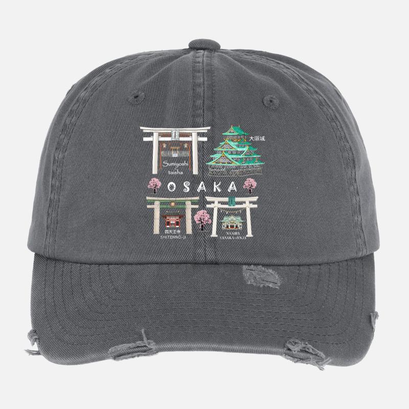 Osaka Castle, Shrines, Temple Drawing, Japan Flexfit Vintage Destroyed Cap