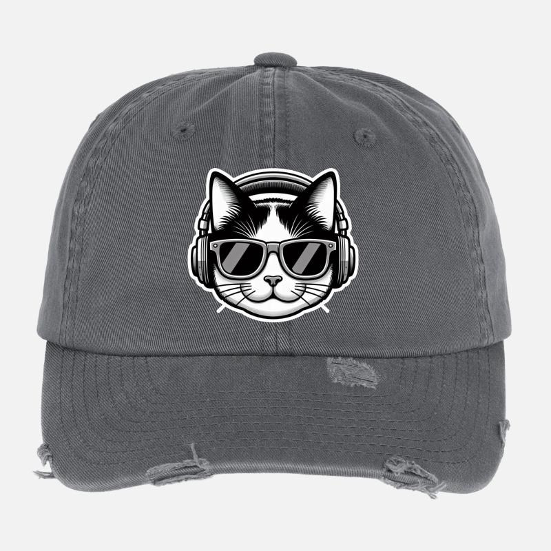 Katze Brille Kopfhörer Flexfit Vintage Destroyed Cap