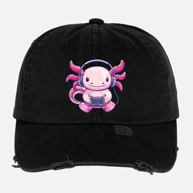 Niedliches Axolotl mit Kopfhörern Flexfit Vintage Destroyed Cap