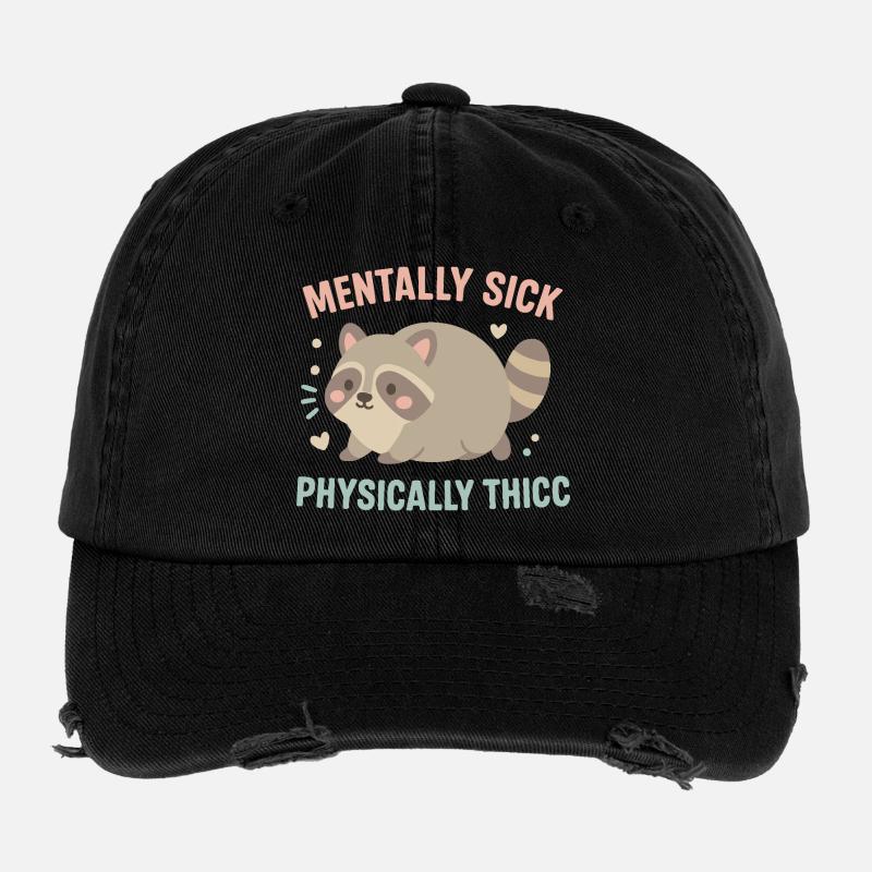 Psychisch krank Körperlich Thicc Waschbär Humor Flexfit Vintage Destroyed Cap