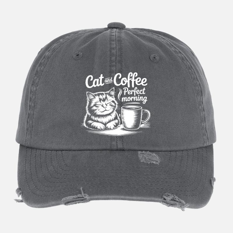 Katze und Kaffee Perfekter Morgen Flexfit Vintage Destroyed Cap