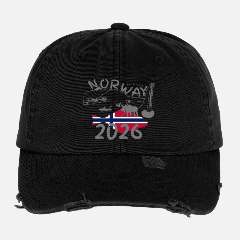 Norwegen 2026 Heilbutt mit Bergen und Elch Angeln Flexfit Vintage Destroyed Cap