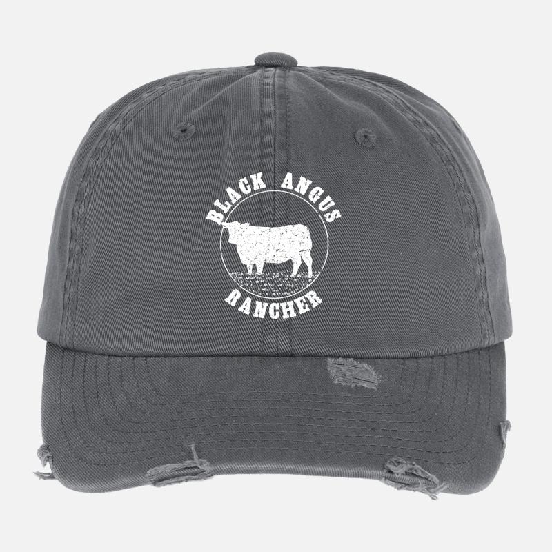 Black Angus Rancher Distressed Cattle Cow Design Flexfit Vintage Destroyed Cap