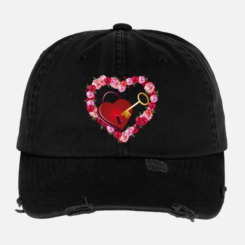 Cœur de rose avec serrure d’amour et clé en or Casquette vintage effet usé Flexfit