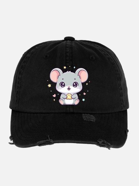 Kawaii mouse with cheese - Flexfit Vintage Destroyed Cap - black - Front