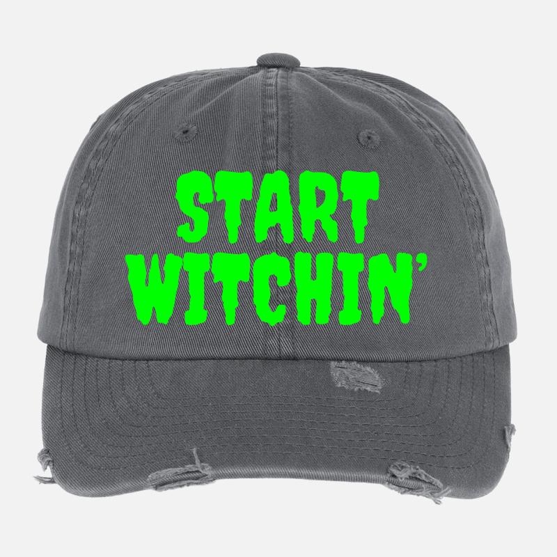 Vibrant Green Witching Start Phrase Flexfit Vintage Destroyed Cap