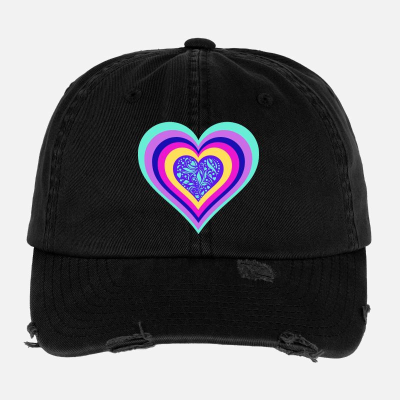 Buntes Herz mit Floralem Muster - Flexfit Vintage Destroyed Cap - Schwarz