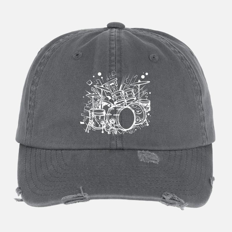 Dessin au trait de kit de batterie Casquette vintage effet usé Flexfit
