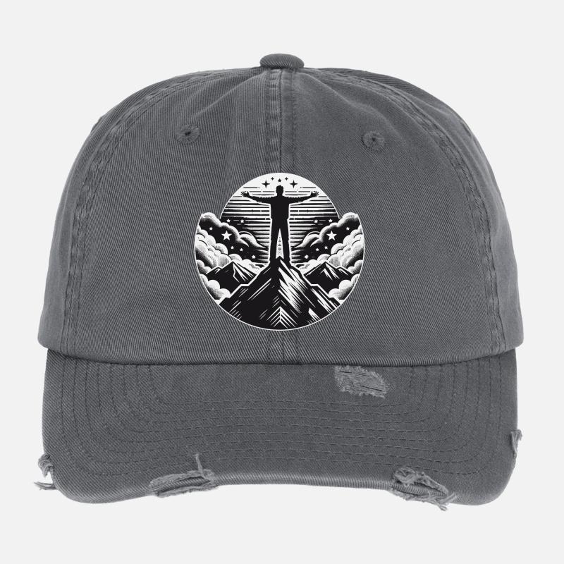 Berglandschaft mit einem Mann auf dem Berggipfel Flexfit Vintage Destroyed Cap
