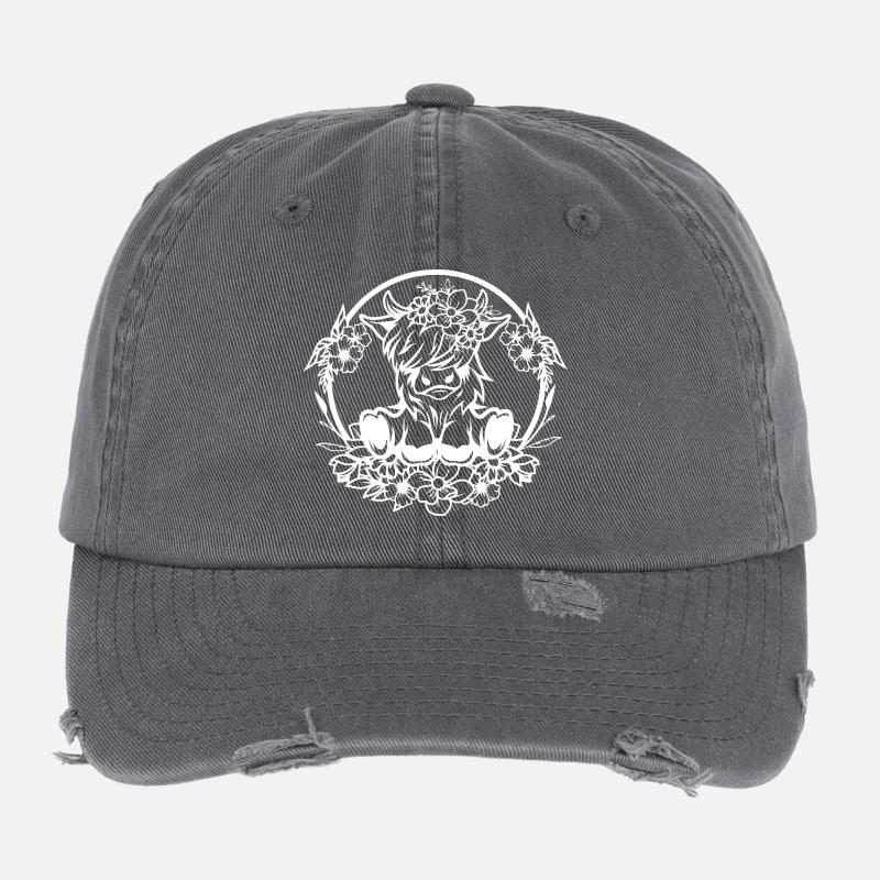 Silhouette florale de vache des Highlands Casquette vintage effet usé Flexfit