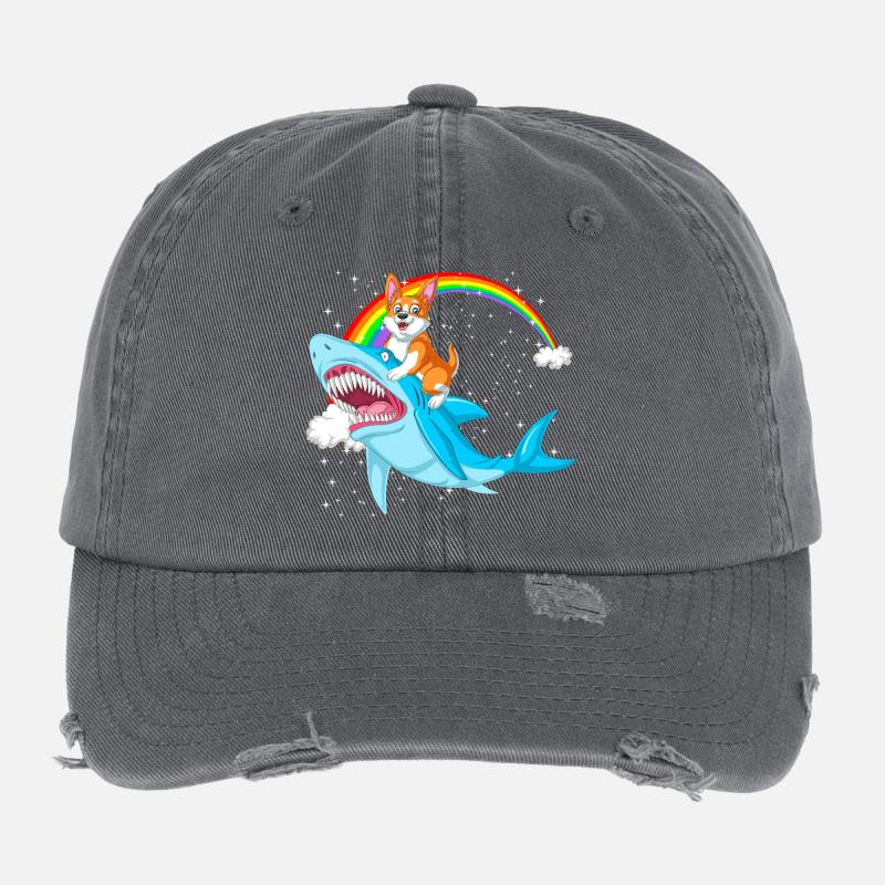 Corgi Riding Shark – Funny Surreal Dog Design Flexfit Vintage Destroyed Cap