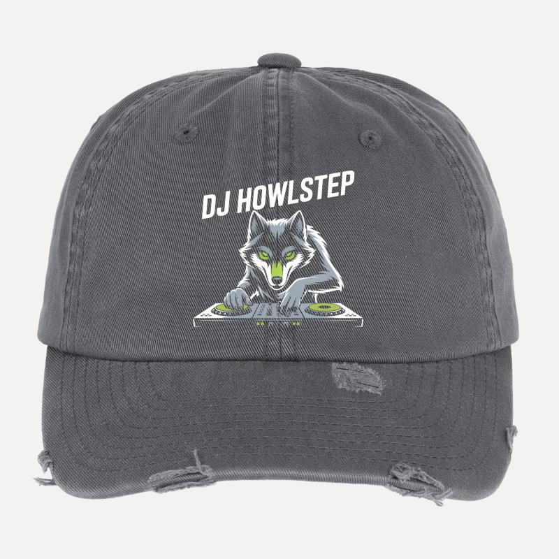 DJ Howlstep Wolf au bureau Ambiance EDM Rave Casquette vintage effet usé Flexfit