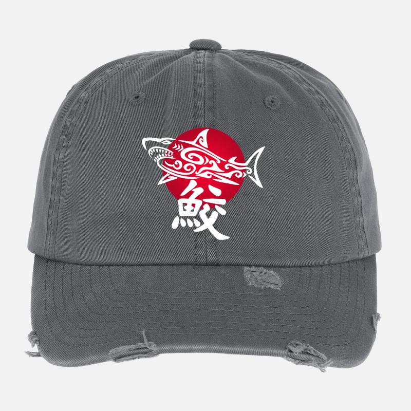 Requin blanc et soleil rouge Casquette vintage effet usé Flexfit