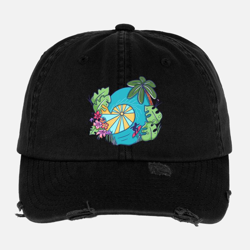Tropical Ocean Wave with Palms – Summer Art Flexfit Vintage Destroyed Cap