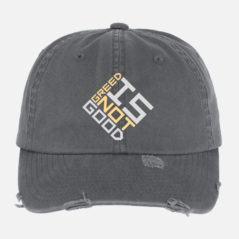Greed Is Not Good Anti-Capitalism Statement Protest Flexfit Vintage Destroyed Cap