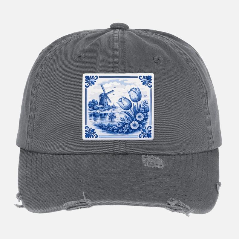 Delft Tulips and Windmill Flexfit Vintage Destroyed Cap