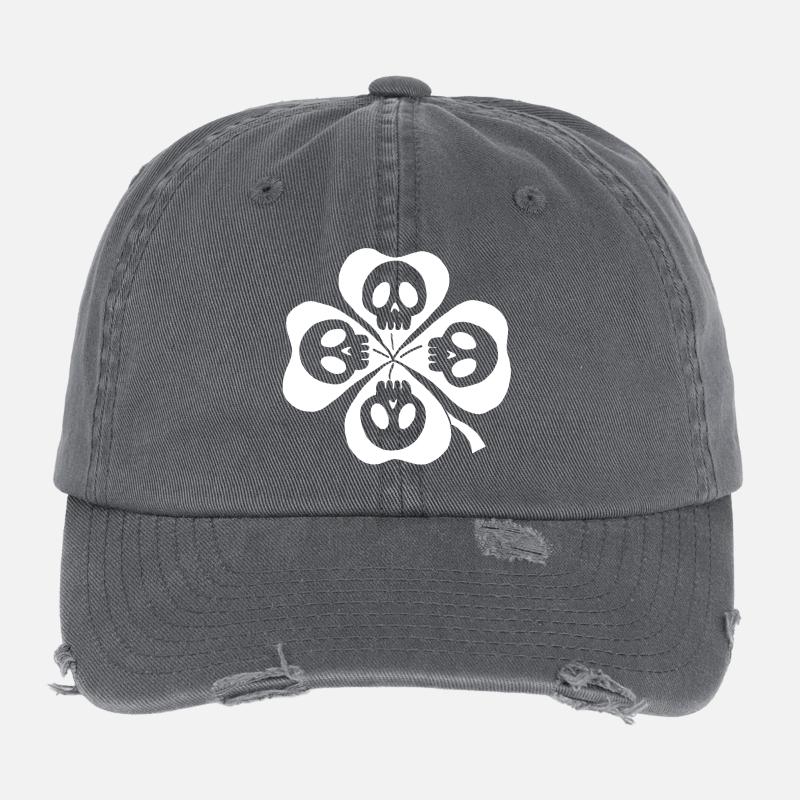 Skulls and white four-leaf clover Flexfit Vintage Destroyed Cap