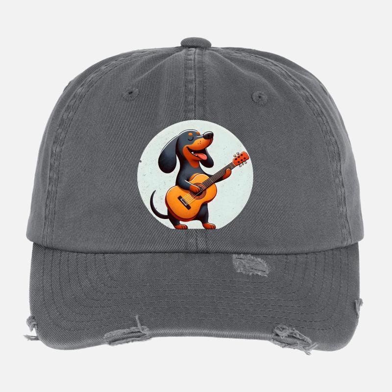 Cheerful Dog with Guitar Dachshund Flexfit Vintage Destroyed Cap