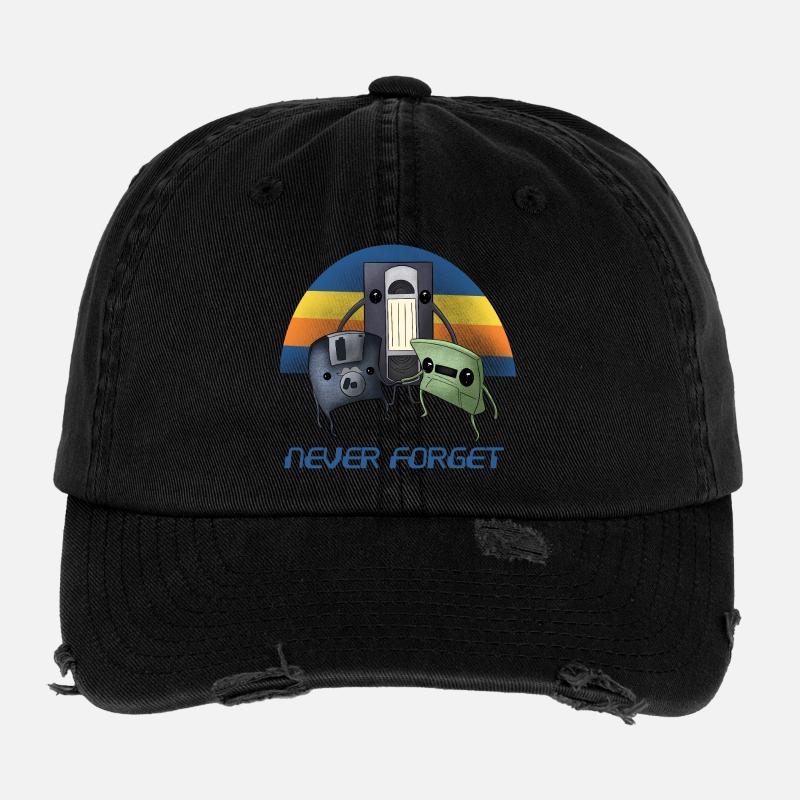 Never Forget Retro 90s Cassette VHS Floppy Disk  Flexfit Vintage Destroyed Cap